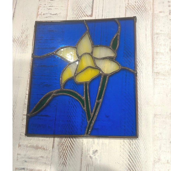 Other - Stained Glass Daffodil Floral Sun Catcher Blue Yellow Green Square Panel